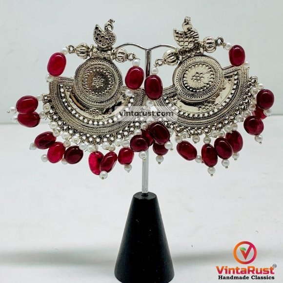 Oxidized Big Earrings With Beads, Handmade Unique Style Earrings, Indian Oxidize - Picture 3 of 7